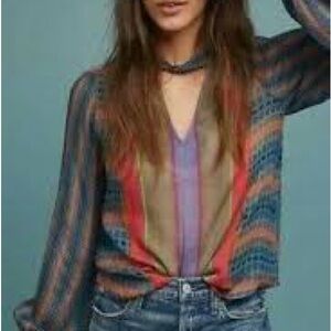 Anthropologie Conditions Apply V-Neck Long Sleeve Top in Olive, Purple & Coral